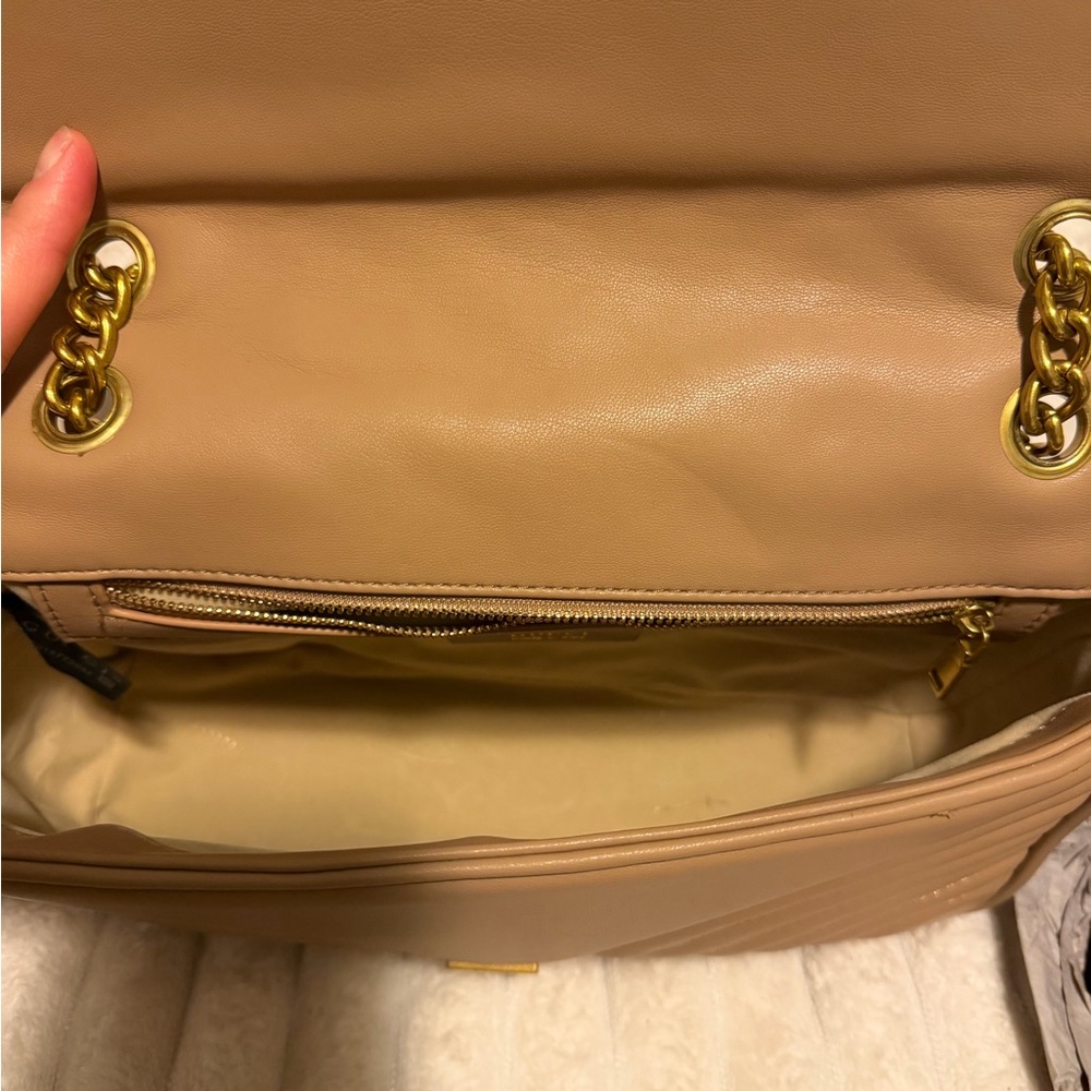 Quilted Taupe Chain Shoulder Bag - Chevron Crossbody - Picture 6 of 8